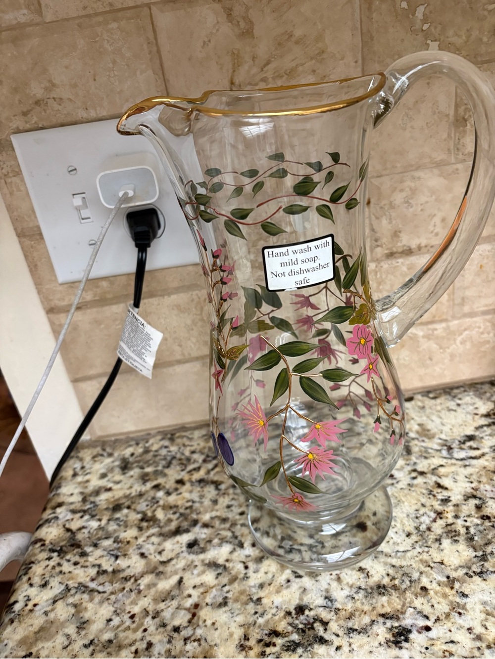 Hand-Painted Floral Glass Pitcher with Gold Rim - Pink & Green